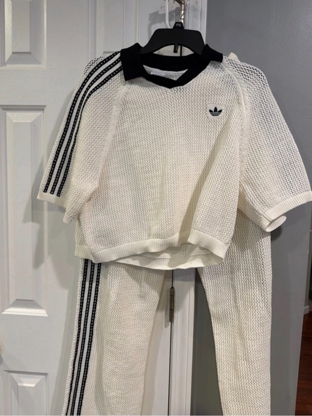 Adidas Womens White Knit Track Pants - Three-Stripe Detail